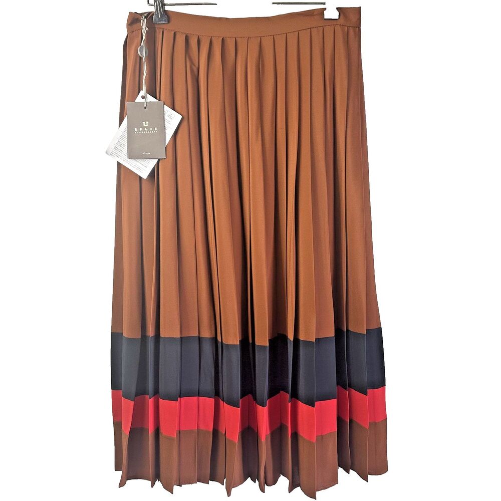 Space Style Concept Brown Silk Blend Pleated A-line Midi Skirt Sz 8/44 Italy
